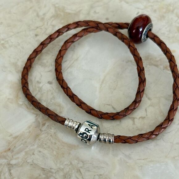 Pandora Leather Double Wrap Sterling Silver Barrel Clasp Bracelet & Pandora Bead - Picture 4 of 9